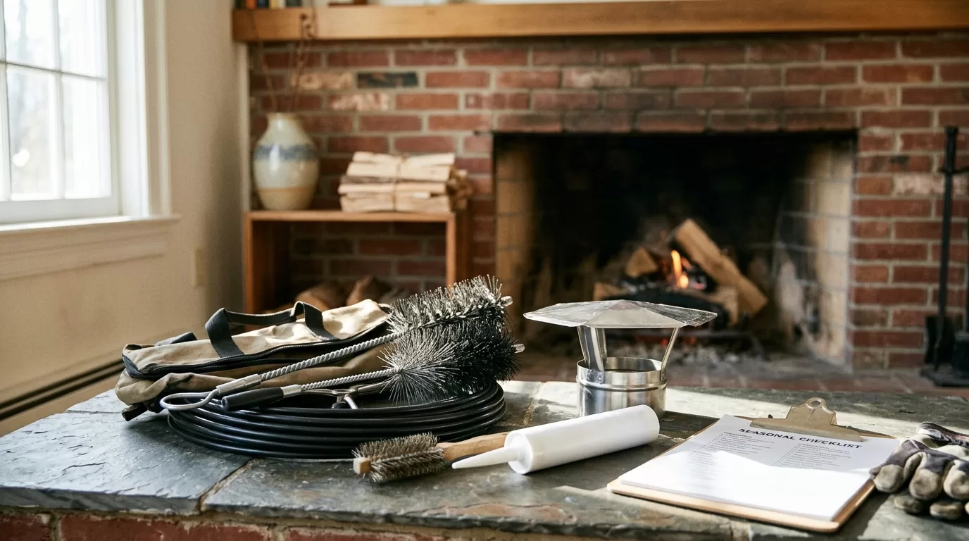 Annual chimney maintenance editorial chimney service tools and fireplace inspection setup