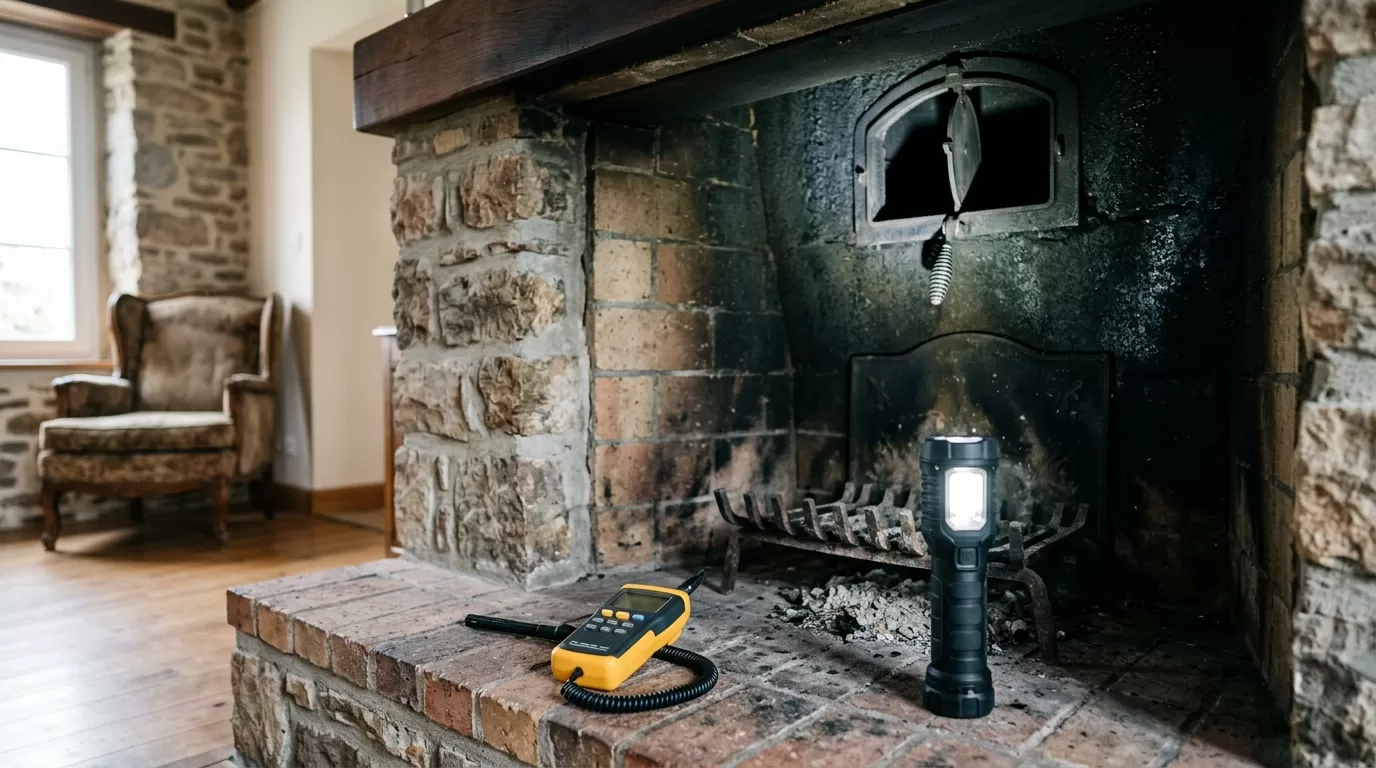 Chimney airflow inspection editorial chimney service tools and fireplace inspection setup