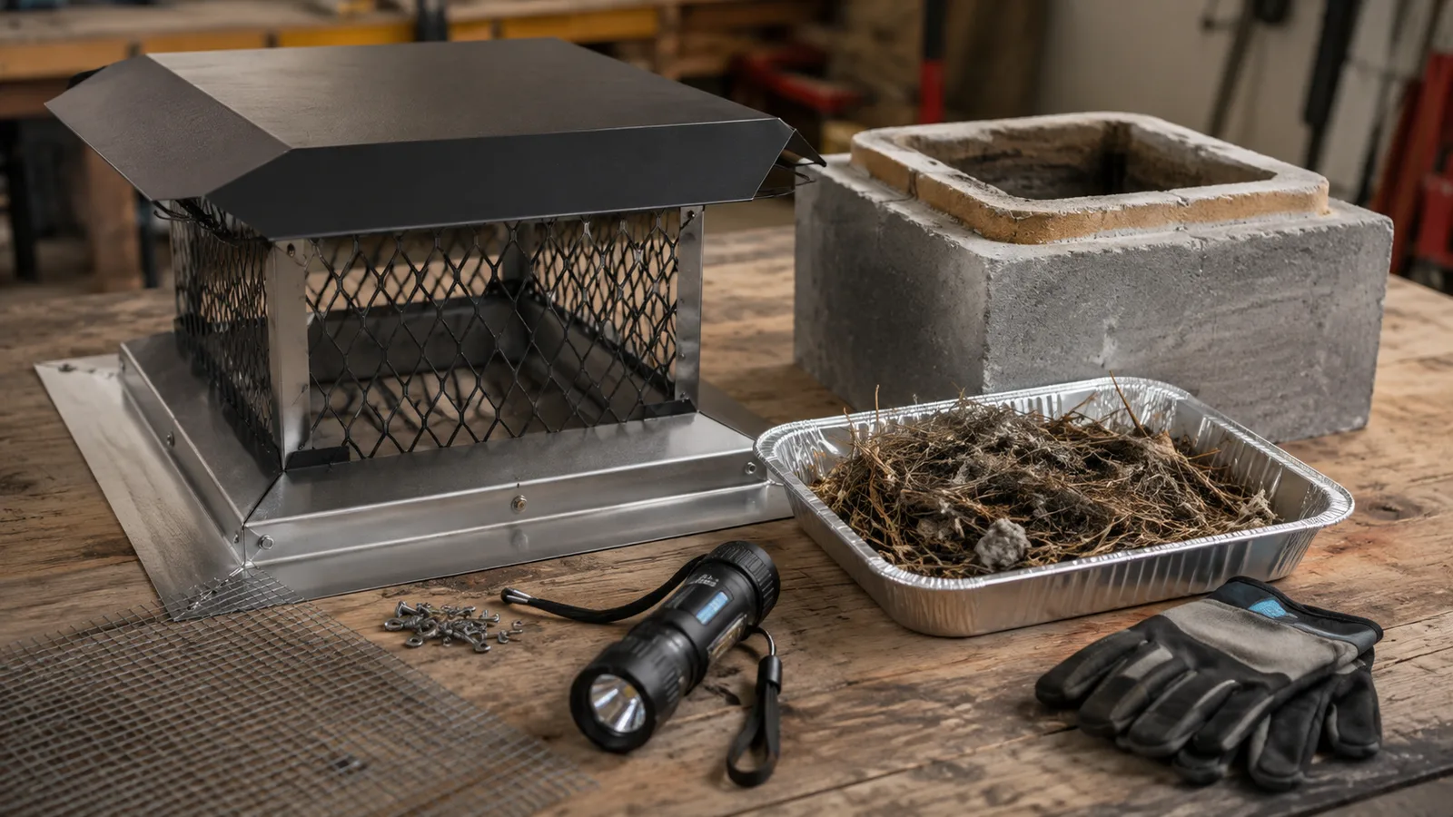Chimney animal nest and debris removal setup with cap, mesh, flue opening, nesting debris tray, and flashlight