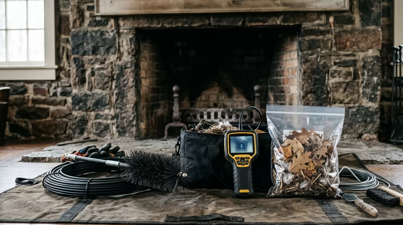 Chimney blockage removal editorial chimney service tools and fireplace inspection setup