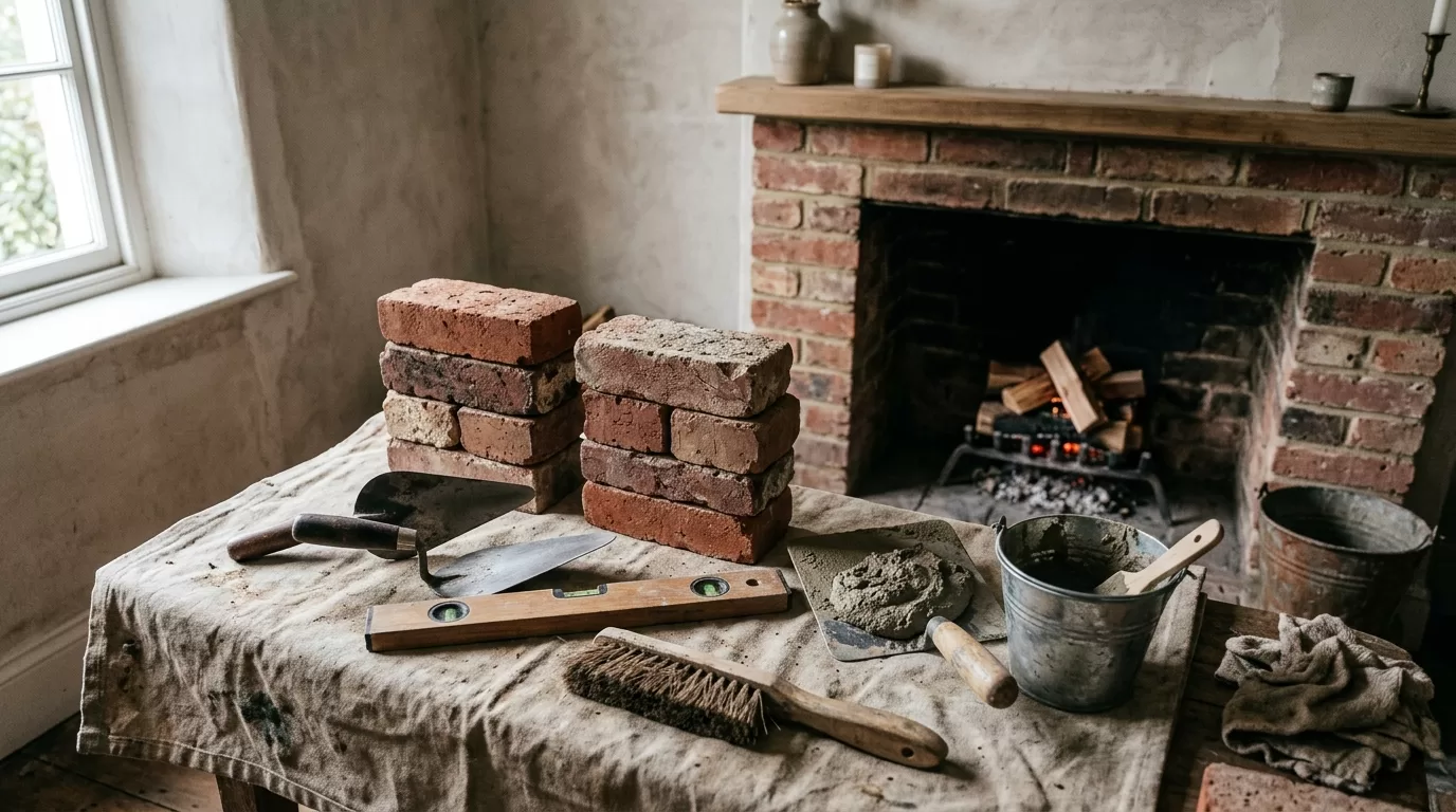Chimney brick repair editorial chimney service tools and fireplace inspection setup