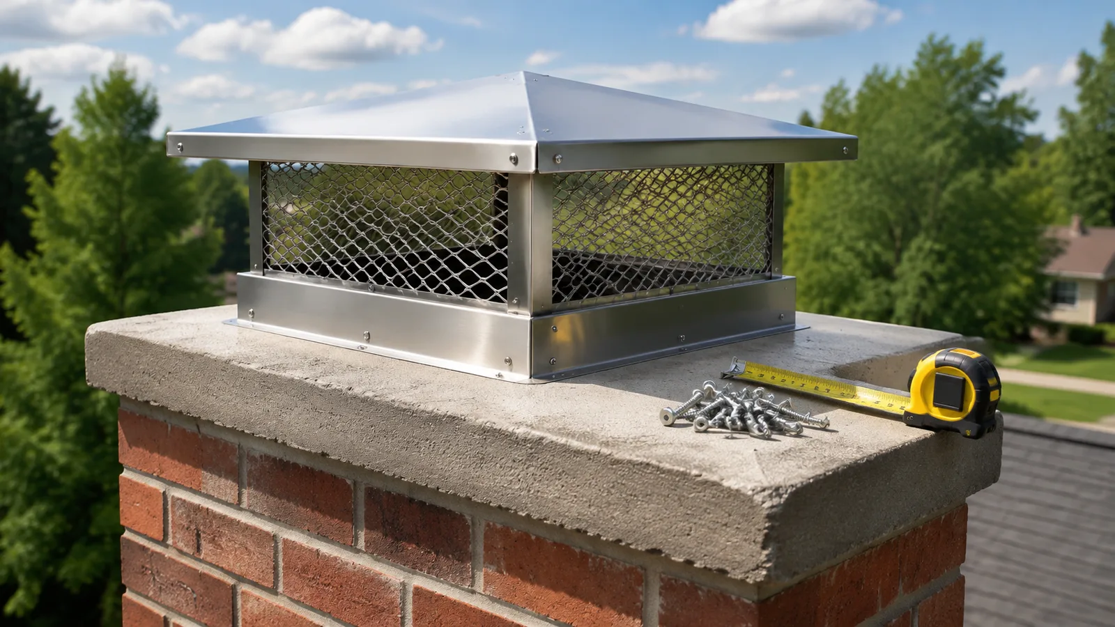 Chimney cap, fasteners, masonry crown sample, and waterproofing tools arranged on a safe workbench