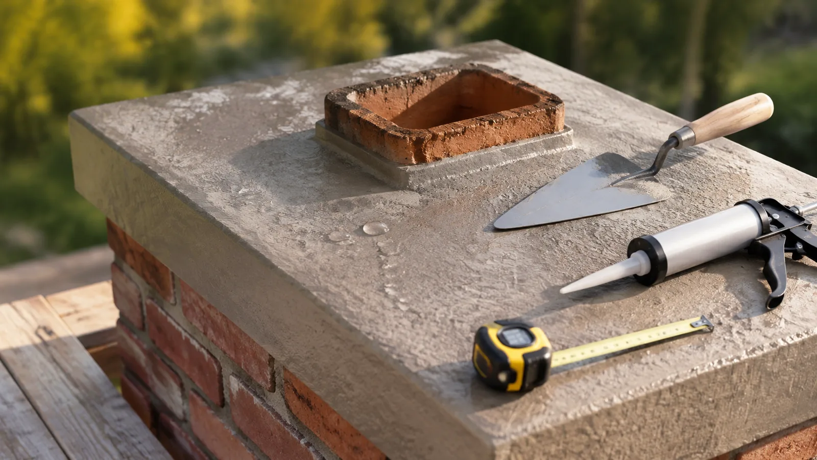 Chimney crown repair mockup with masonry crown, sealant, trowel, and measuring tape