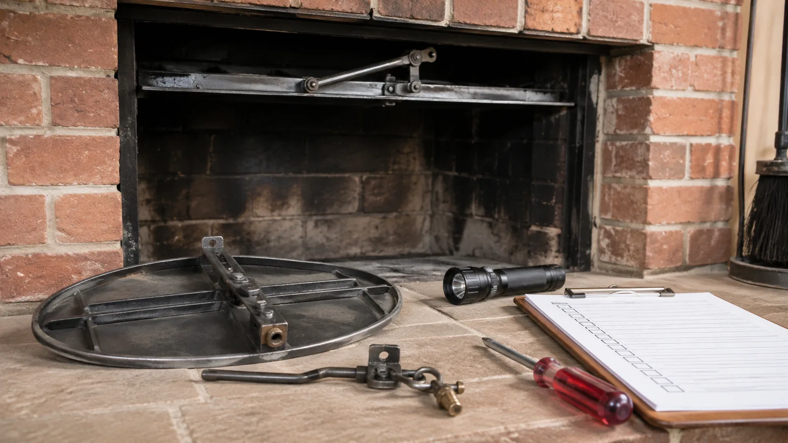 Chimney damper repair setup with damper plate, linkage parts, flashlight, and clean fireplace opening