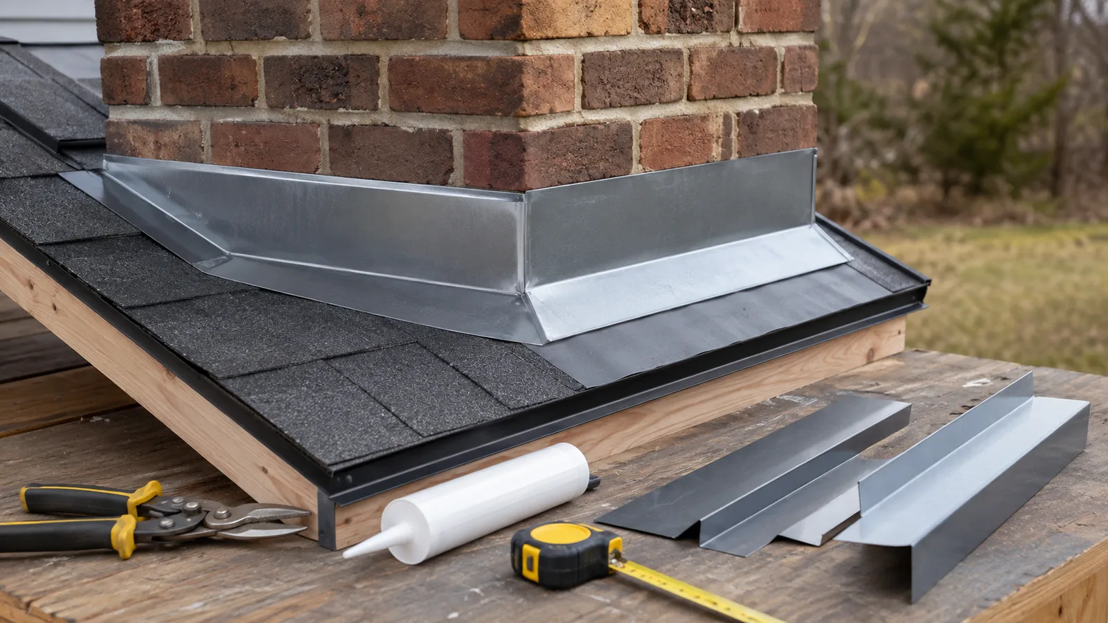 Chimney flashing repair mockup with metal flashing, sealant, and measuring tools