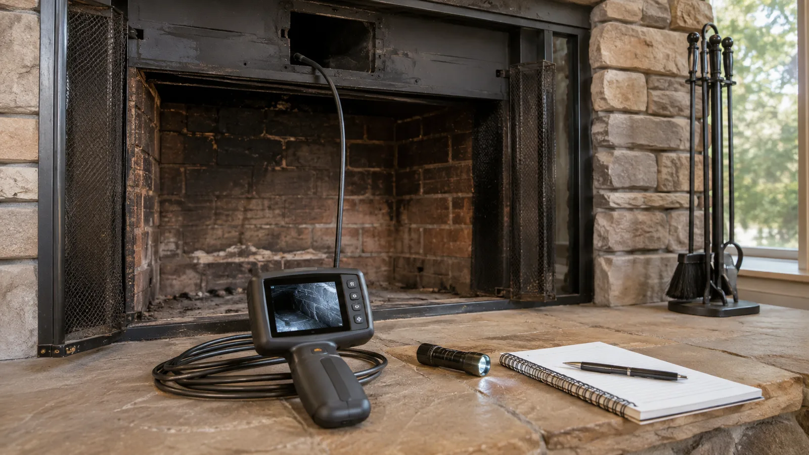 Chimney inspection camera, flashlight, and checklist placed near a brick fireplace opening