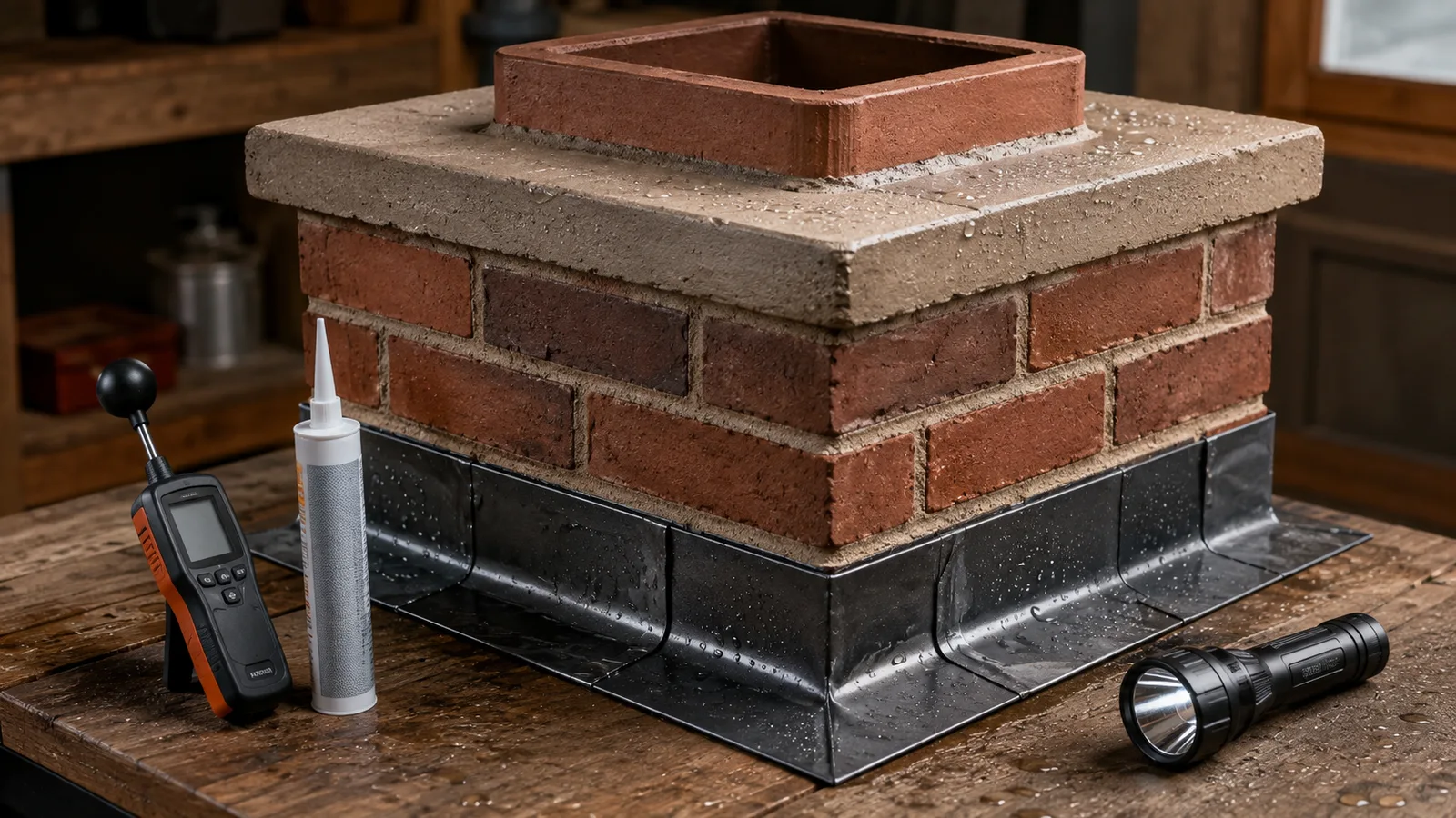 Chimney leak repair mockup with crown, flashing, water droplets, moisture meter, sealant, and flashlight