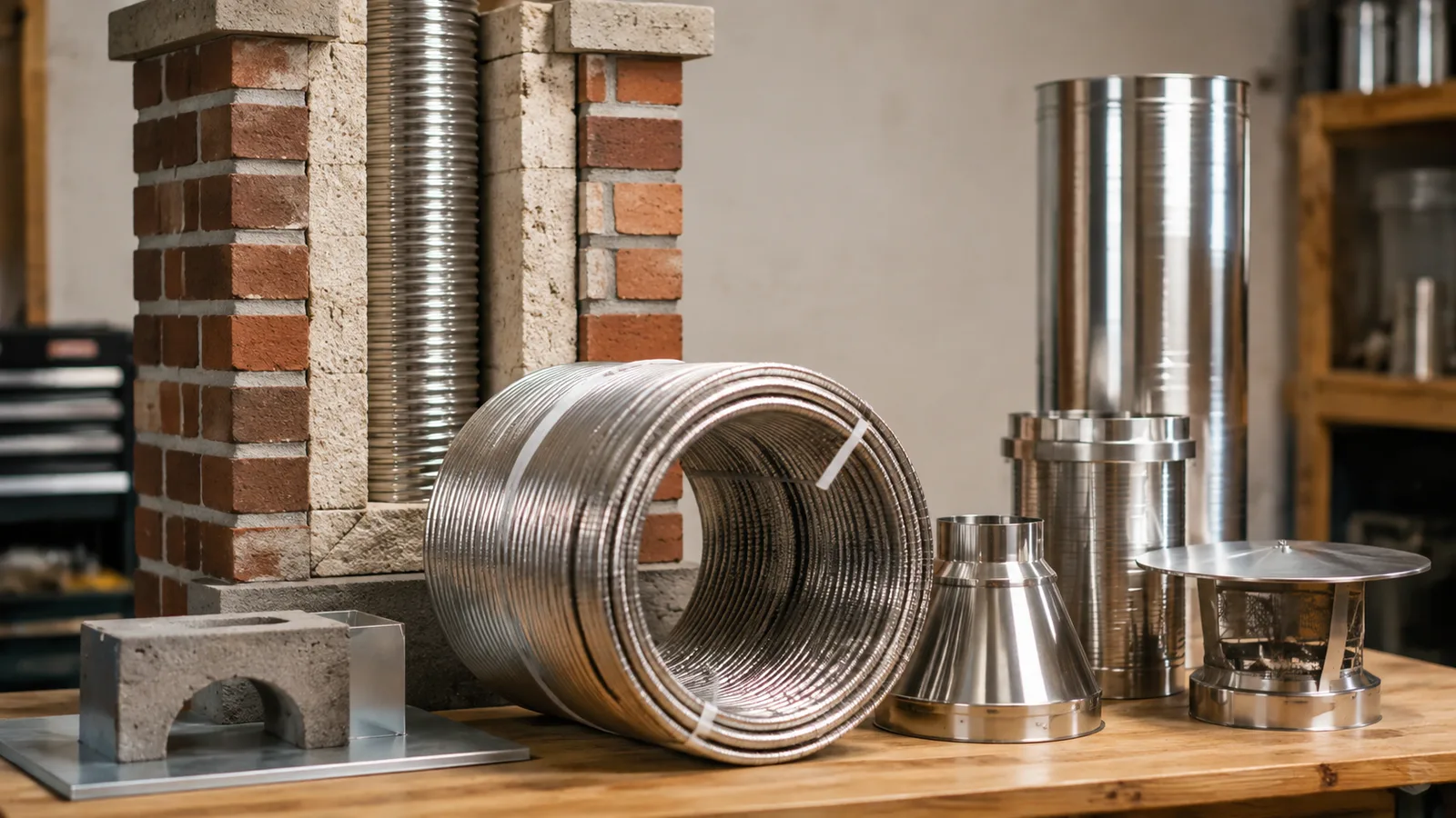 Stainless chimney liner section, connector parts, gloves, and measurement tape arranged for liner repair planning