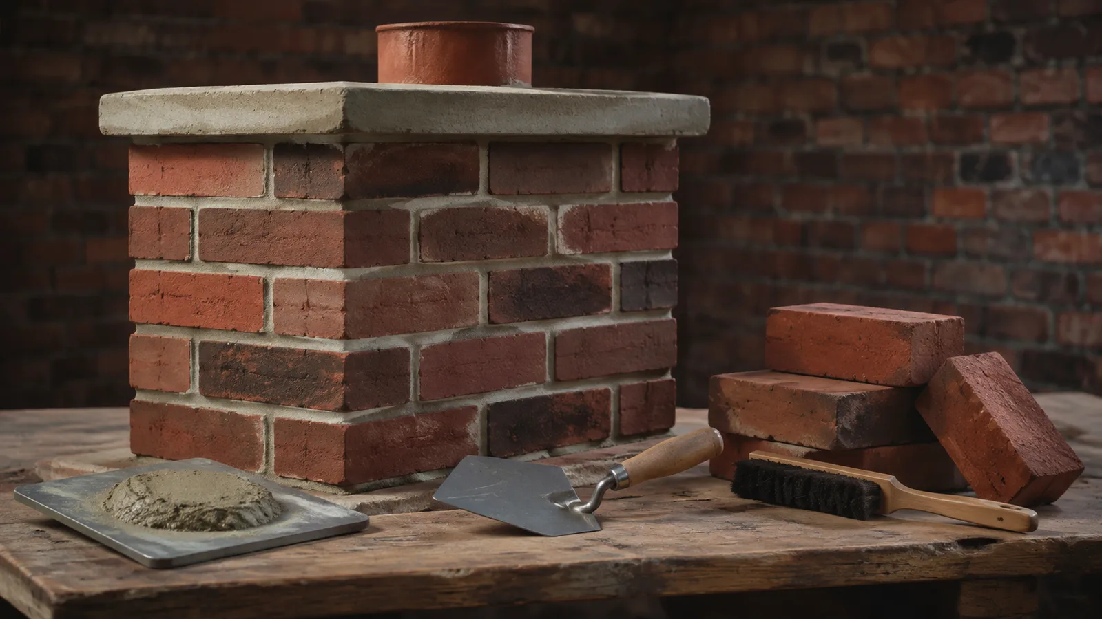 Chimney masonry and tuckpointing mockup with brickwork, mortar, trowel, and brush