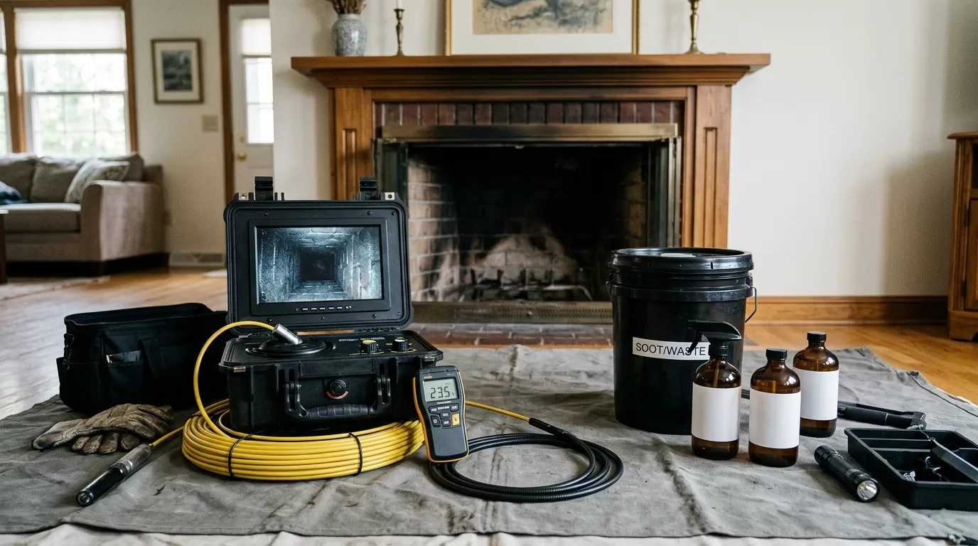 Chimney odor treatment editorial chimney service tools and fireplace inspection setup