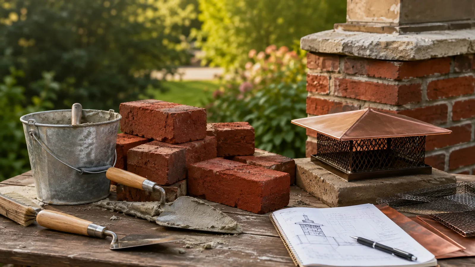 Chimney repair masonry tools, bricks, cap parts, and inspection notes arranged as an editorial service illustration
