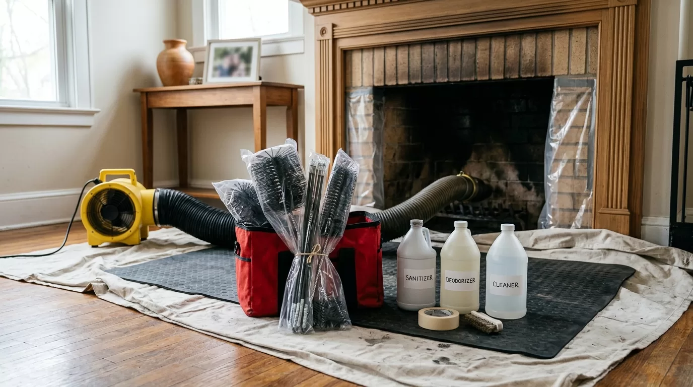 Chimney sanitizing and deodorizing editorial chimney service tools and fireplace inspection setup