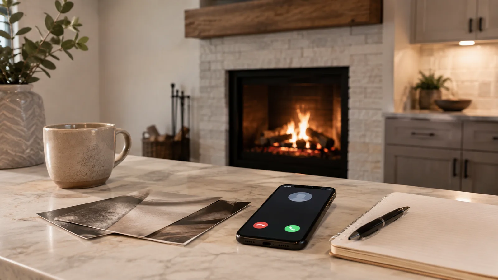 Clean fireplace service workspace with phone, checklist, and chimney tools ready for a service request
