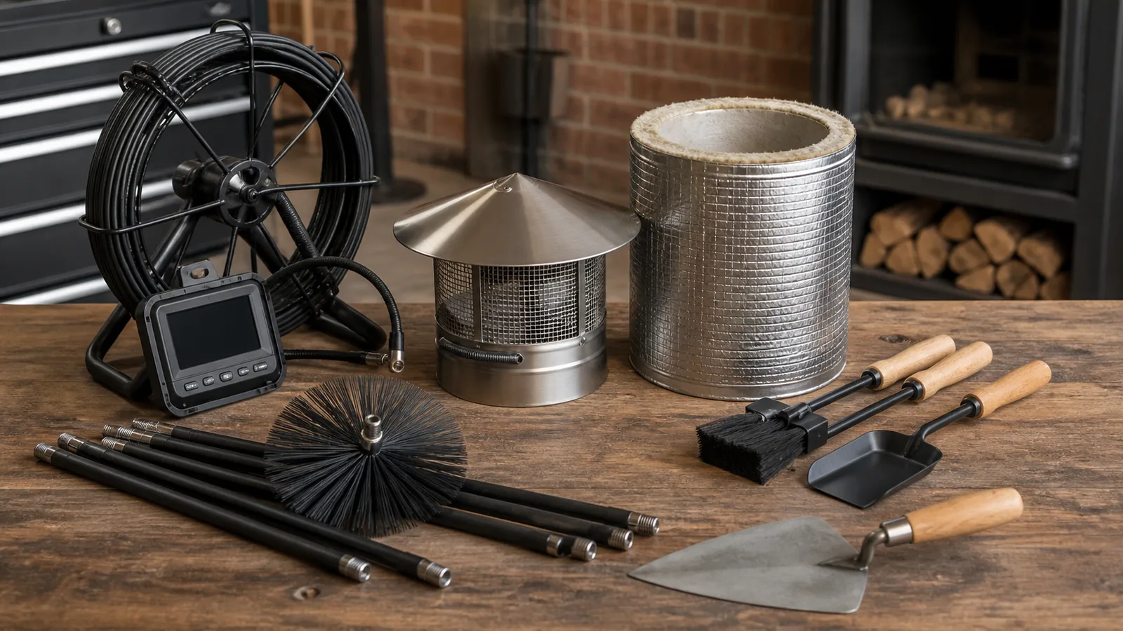 Organized chimney service tools, fireplace components, and inspection notes arranged for service planning