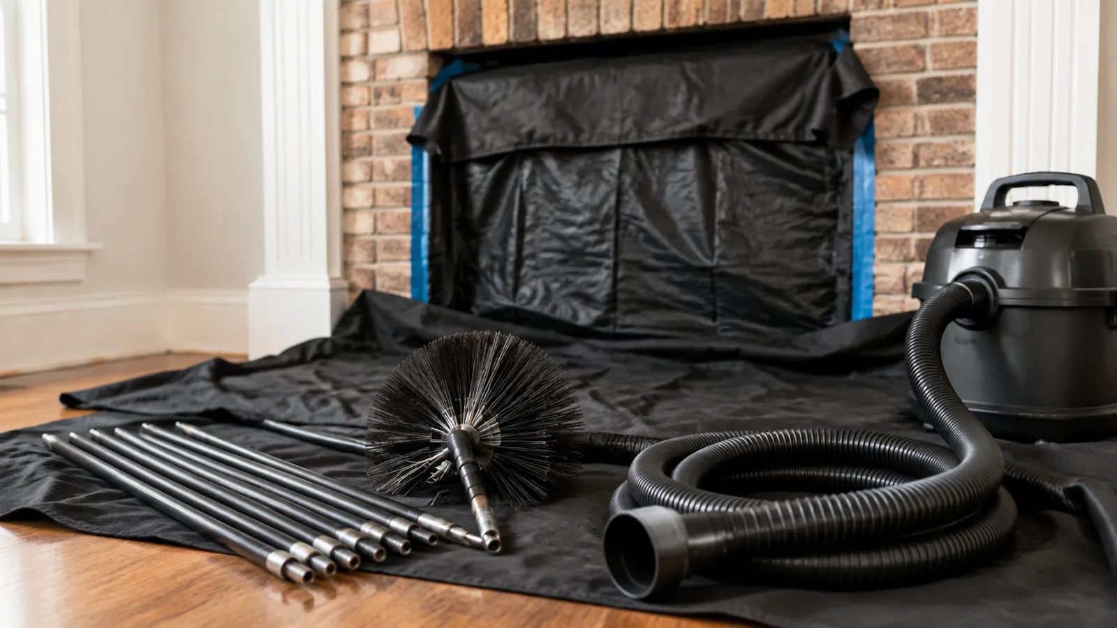 Chimney sweeping brush and rods beside a clean fireplace opening prepared for soot removal
