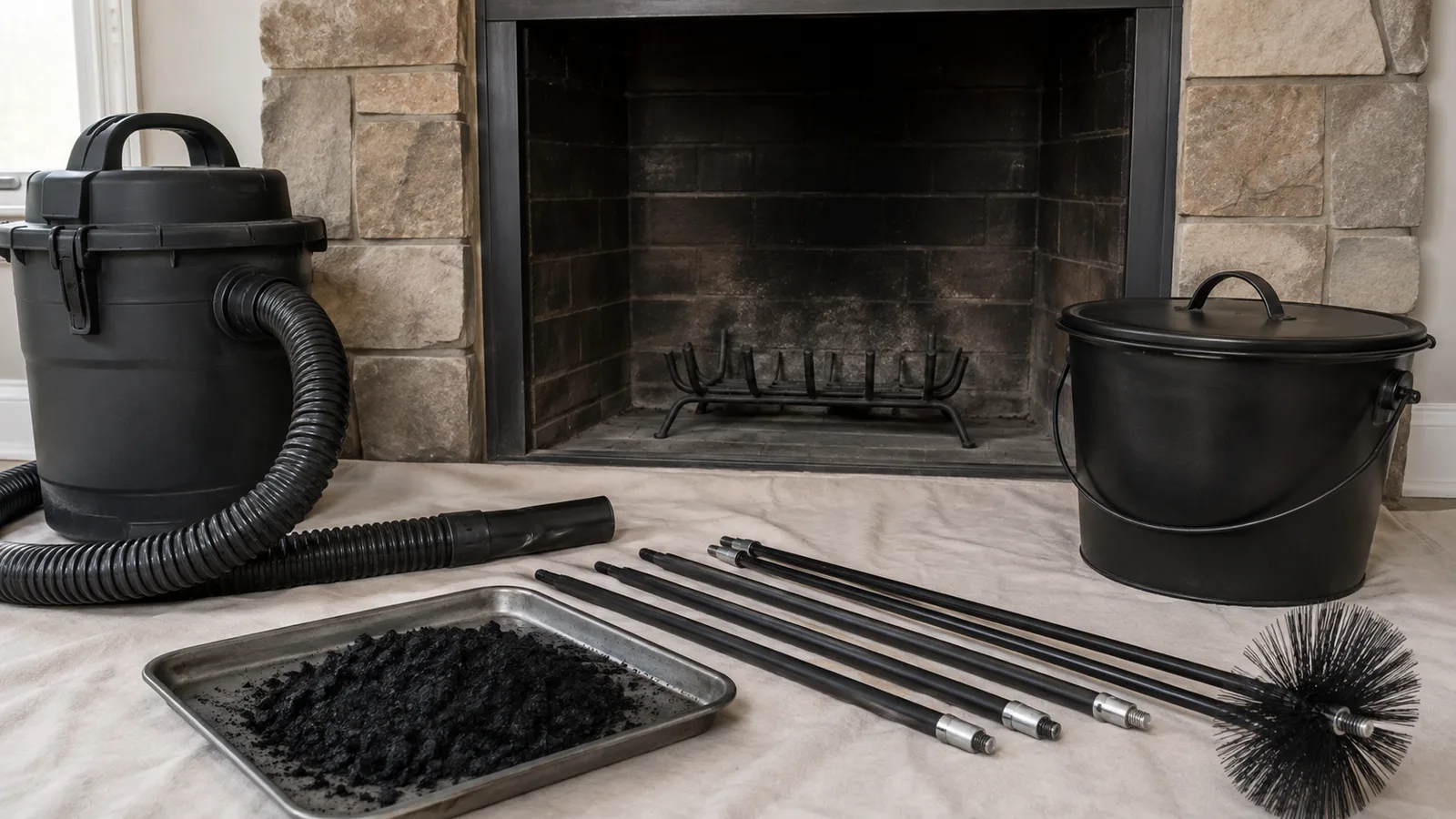 Creosote removal setup with chimney brush rods, soot vacuum hose, ash bucket, and creosote sample tray