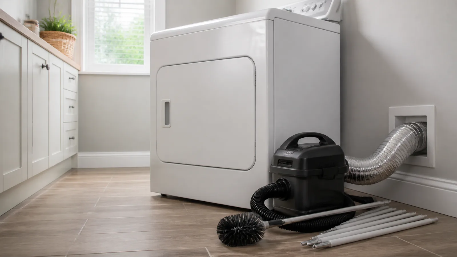 Dryer vent brush, flexible rods, lint sample, and exterior vent hood arranged for airflow cleaning