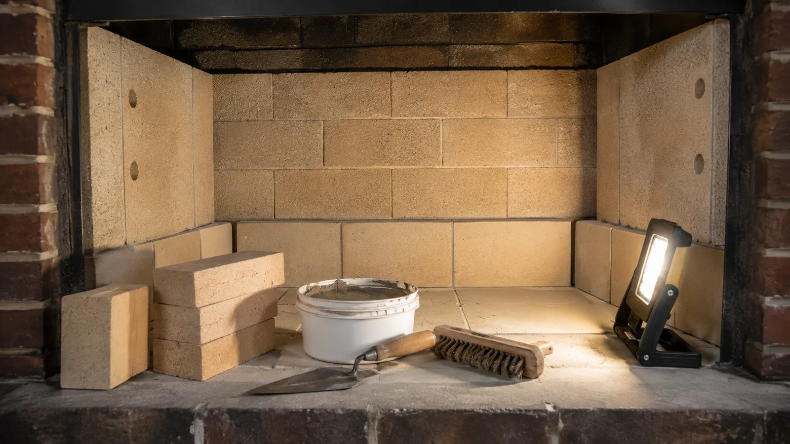 Firebox repair scene with refractory brick, mortar, brush, light, and clean fireplace interior