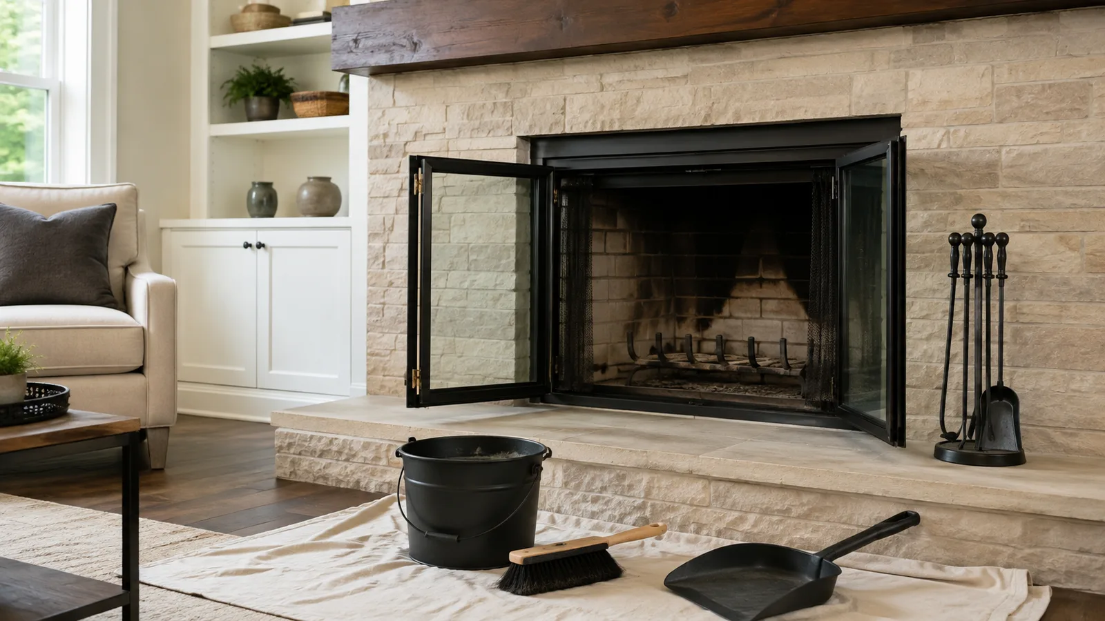 Fireplace cleaning tools and ash container beside a tidy hearth prepared for visible soot care