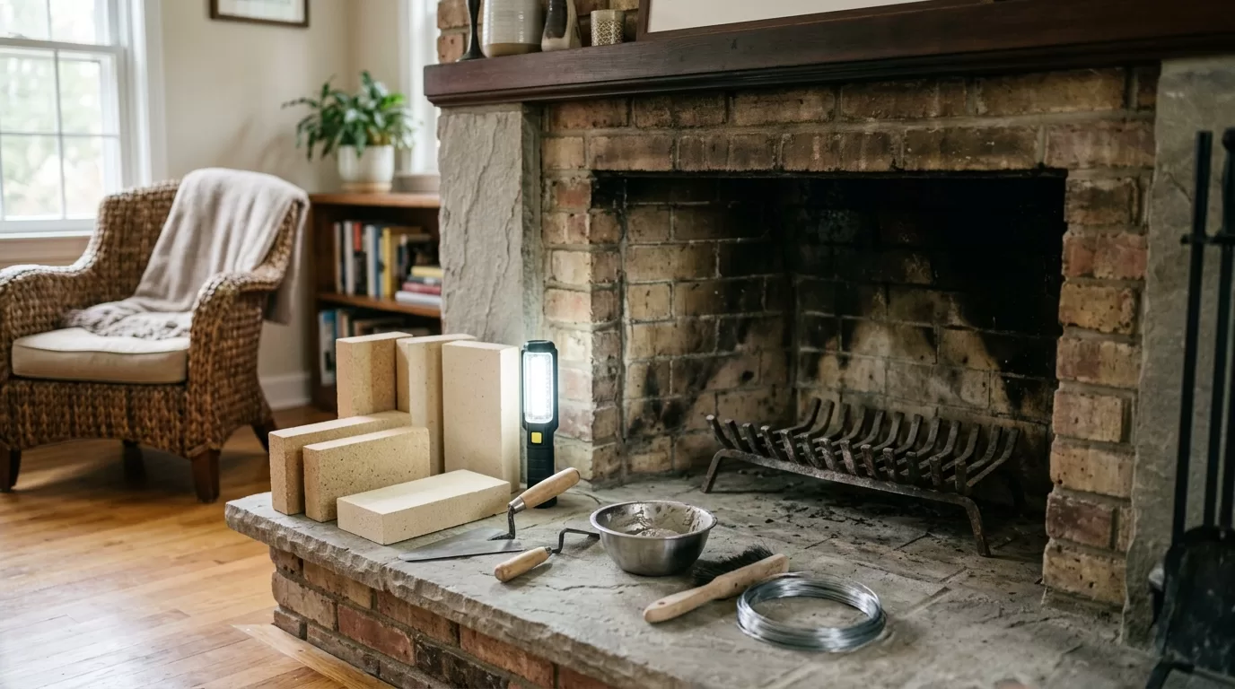 Fireplace repair editorial chimney service tools and fireplace inspection setup