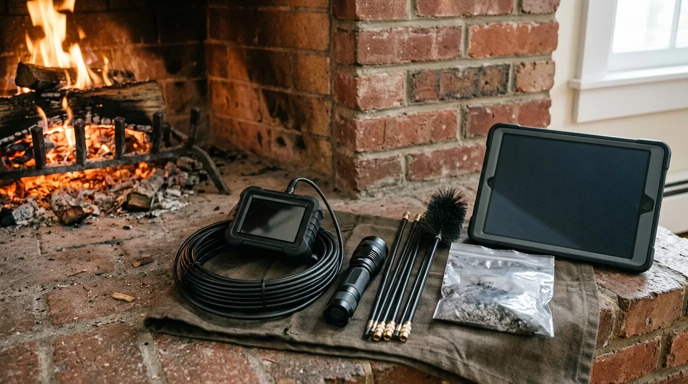 Flue obstruction inspection editorial chimney service tools and fireplace inspection setup
