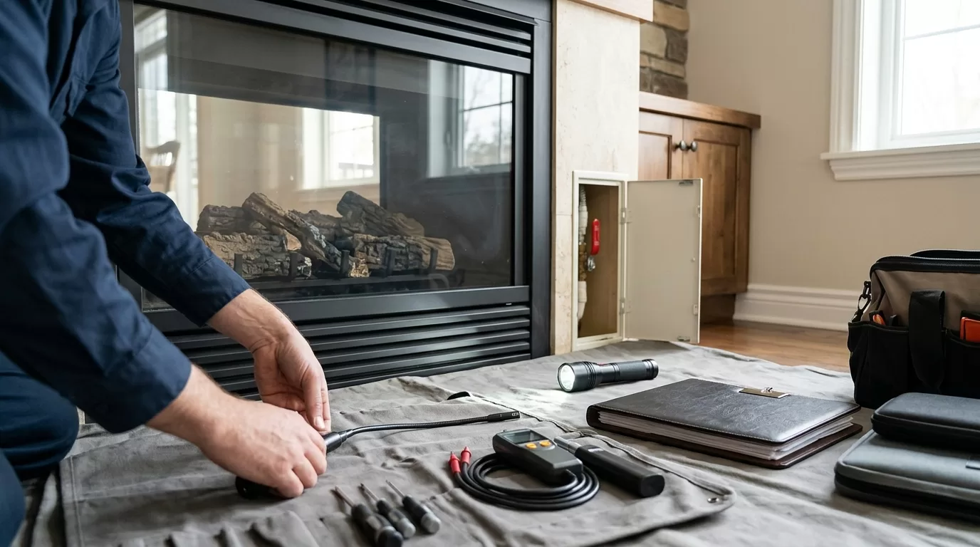 Gas fireplace inspection editorial chimney service tools and fireplace inspection setup