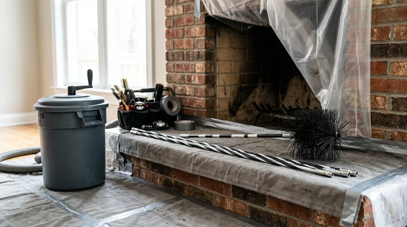 Glazed creosote removal editorial chimney service tools and fireplace inspection setup