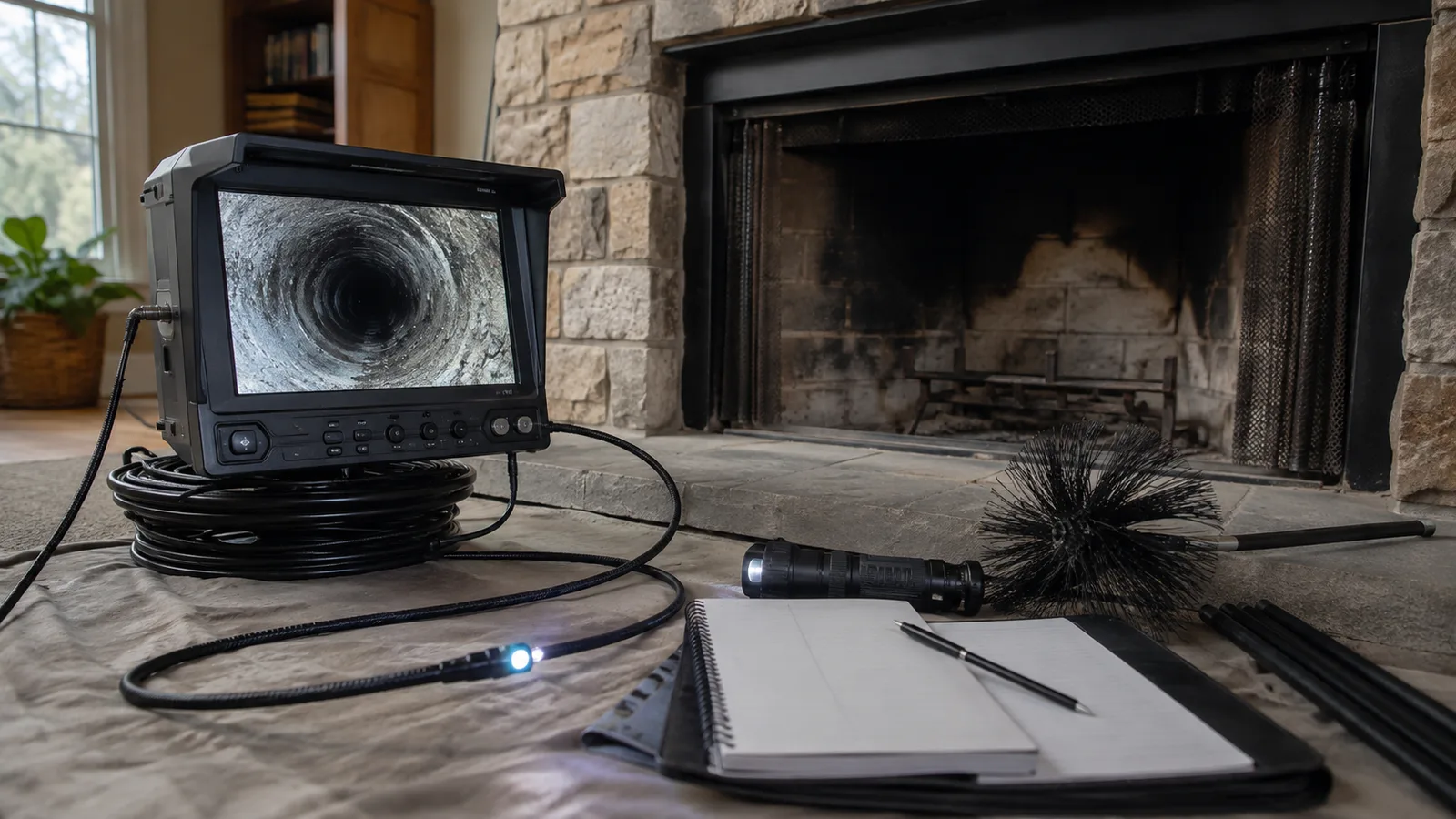 Detailed chimney inspection setup with camera monitor, notes, and flue components for deeper review