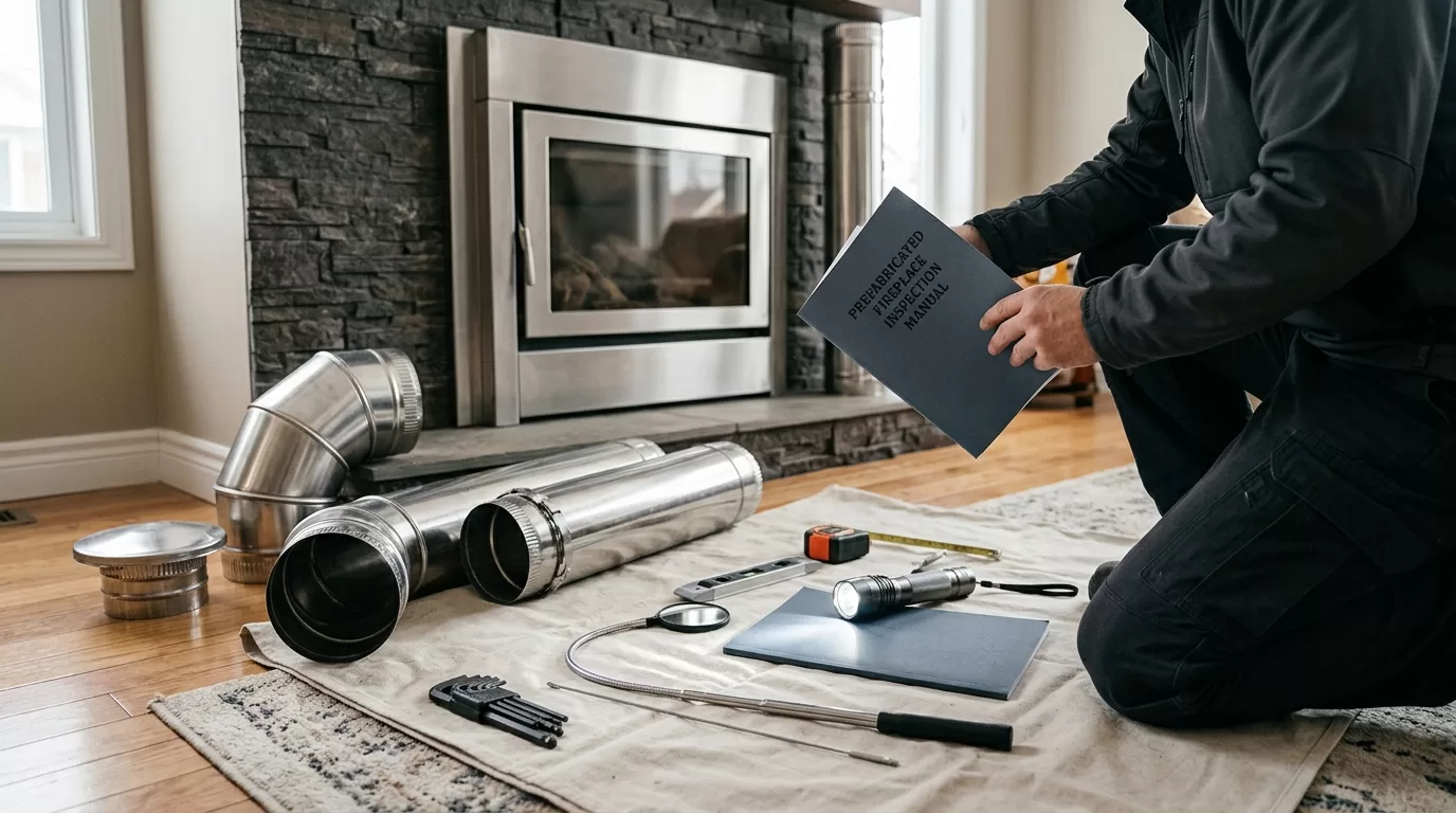 Prefabricated fireplace inspection editorial chimney service tools and fireplace inspection setup