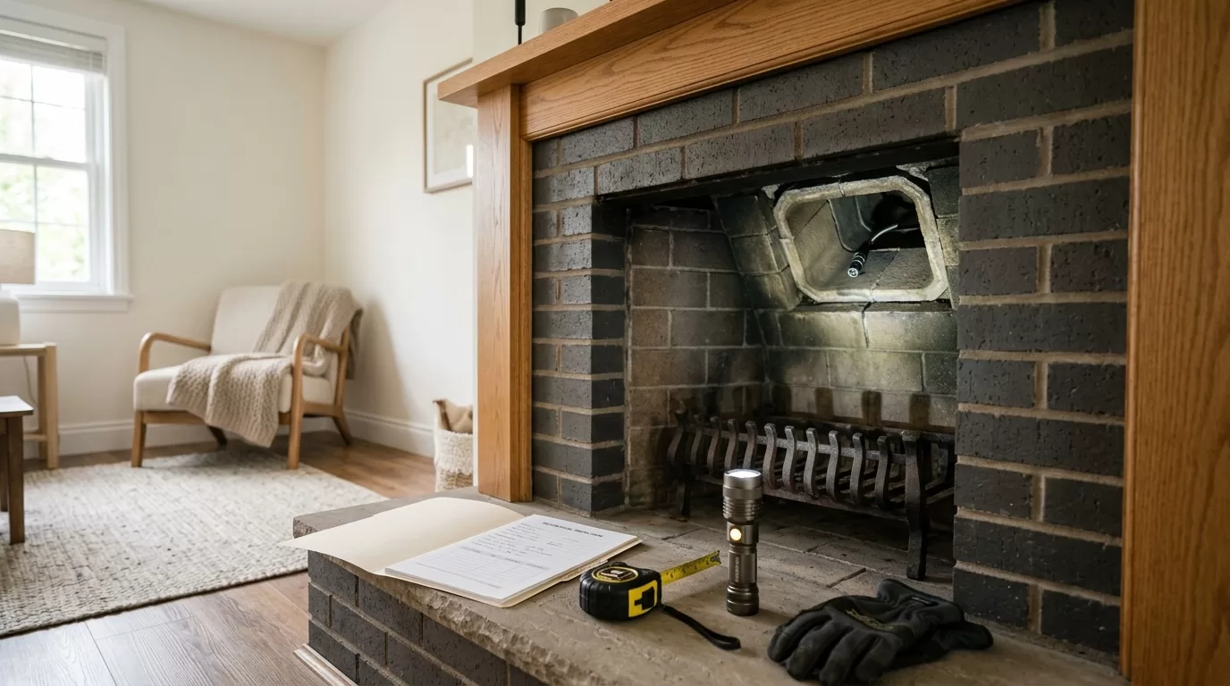 Real-estate chimney inspection editorial chimney service tools and fireplace inspection setup