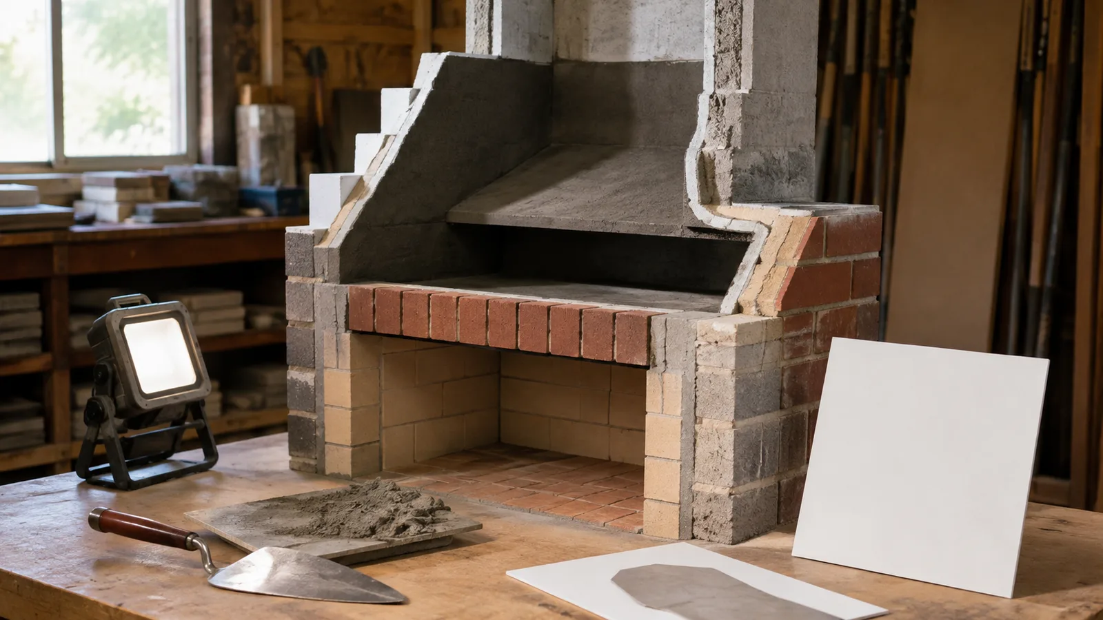 Smoke chamber repair cutaway fireplace mockup with masonry chamber, light, mortar, and trowel