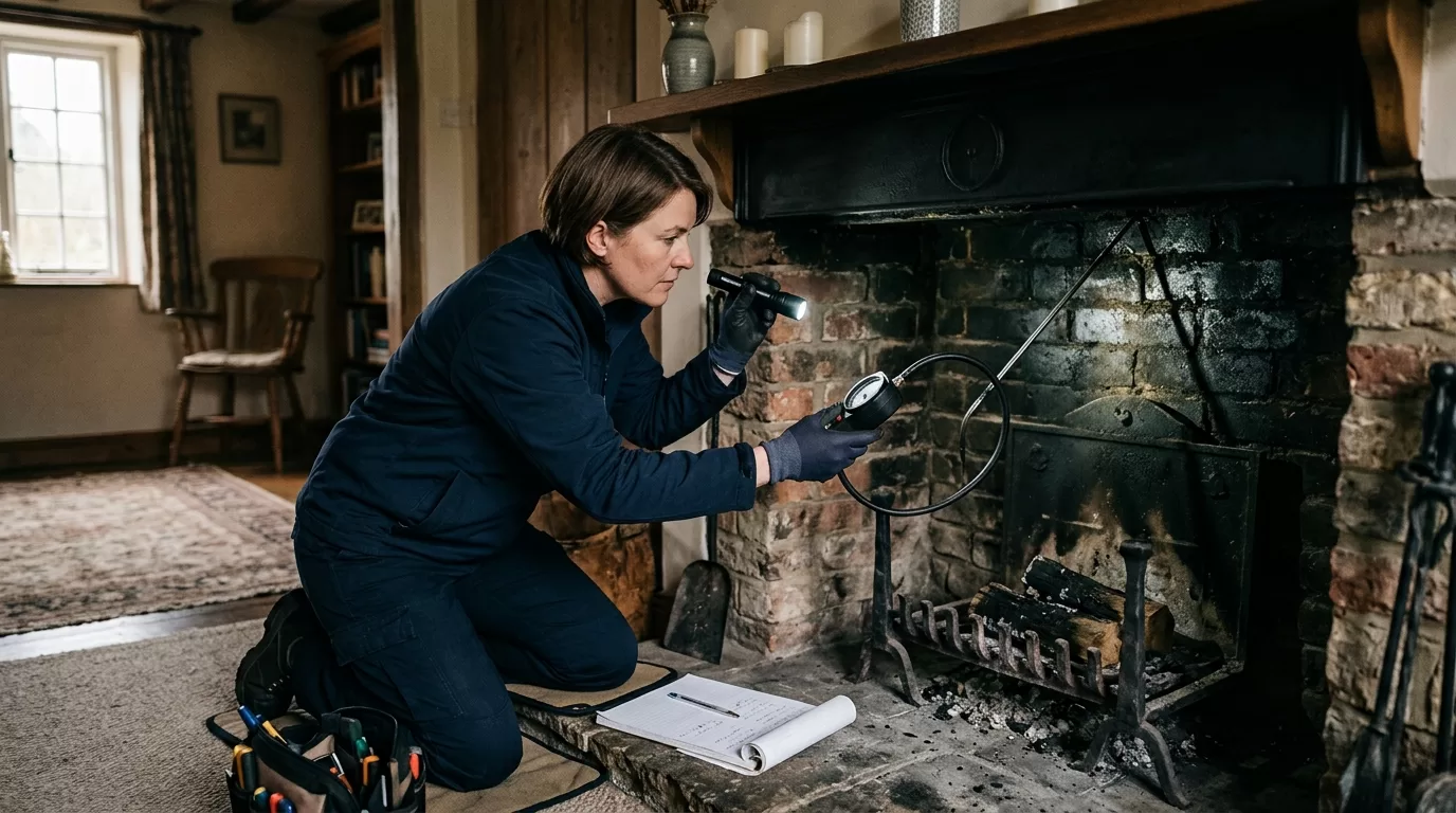 Smoke-draft diagnosis editorial chimney service tools and fireplace inspection setup