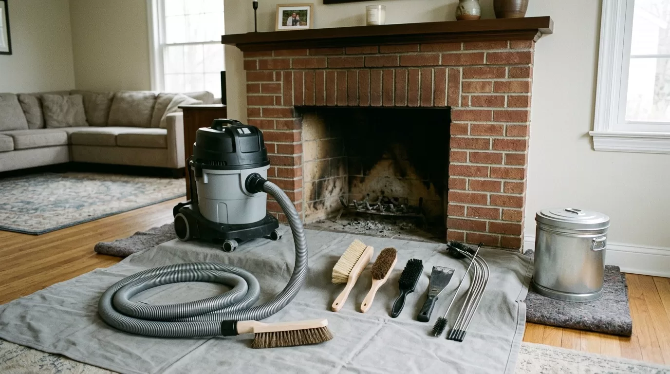 Soot removal editorial chimney service tools and fireplace inspection setup