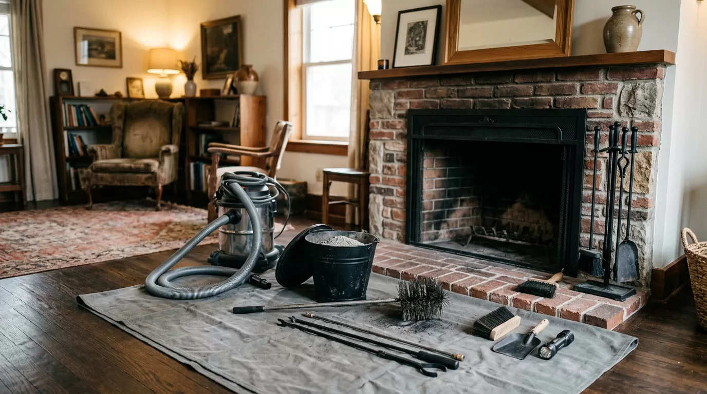 Wood-burning fireplace cleaning editorial chimney service tools and fireplace inspection setup