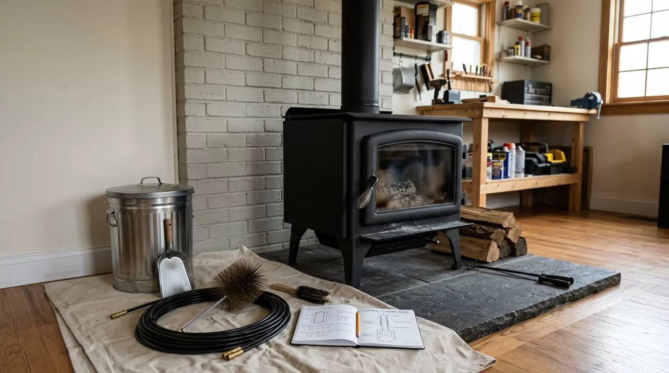 Wood-stove chimney cleaning editorial chimney service tools and fireplace inspection setup